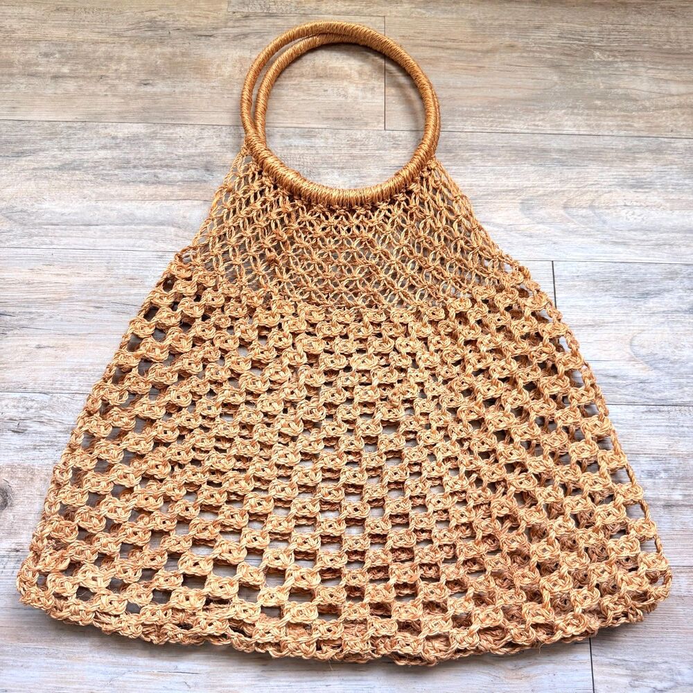 Vintage 1970s Macrame Market Bag Boho Jute Crochet Net Shopper Beach Tote Hippie